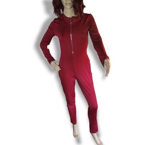 Burgundy Long Sleeve Jumpsuit Zip Front Bodycon Onesie NWOT